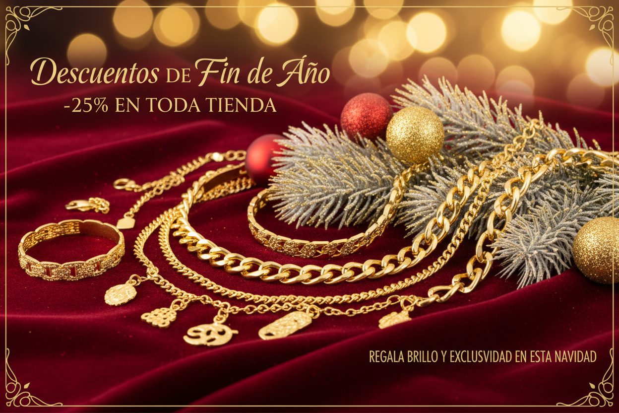 DESCUENTOS DE FIN DE AÑO -25% EN TODA LA TIENDA , REGALA BRILLO Y ESCLUSIVIDAD EN ESTA NAVIDAD, DISEÑO DE NAVIDAD CON CADENAS DE ORO, MANILLAS, DIJES