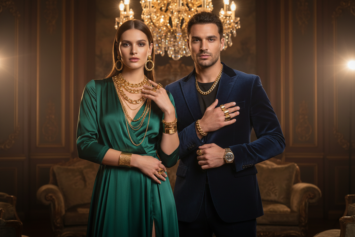 hombre y mujer con joyas de oro